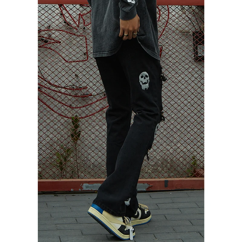 Streetwear Men 2022 Autumn New Skull Print Pattern Self-cultivation Elastic Force Straight Pants Blue Recreational Jeans Female
