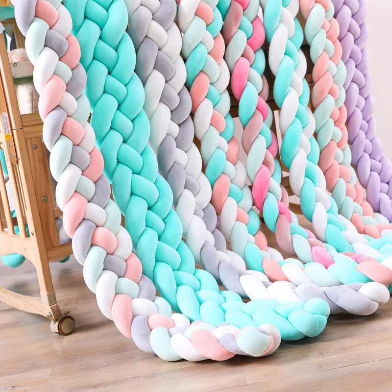 

2M Long Newborn Bumper Knot Long Knotted Braid Pillow 4-strand Anti-collision Baby Bed Fence Woven Plush Crib Cushion Bed Fence