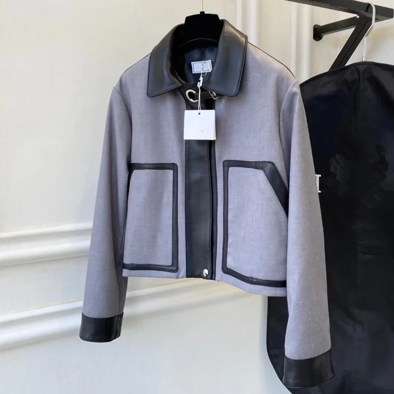 2023 Women's Real Leather Jackets Patchwork Zipper Luxury Short Coats Elegant Fashion Autumn Winter ZM4973