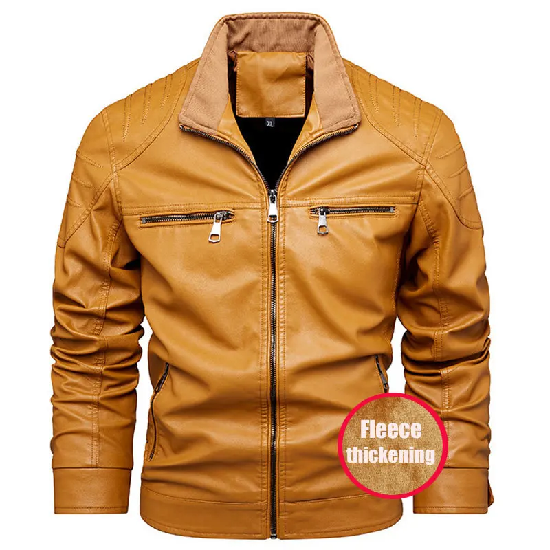 

Зимняя мужская кожаная куртка, модные мотоциклетные куртки для мужчин, флисовые приталенные байкерские Утепленные Пальто из искусственной кожи с воротником-стойкой на молнии