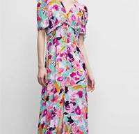 2022 women summer latest printed fashion slim puff sleeves v neck front slit long dress