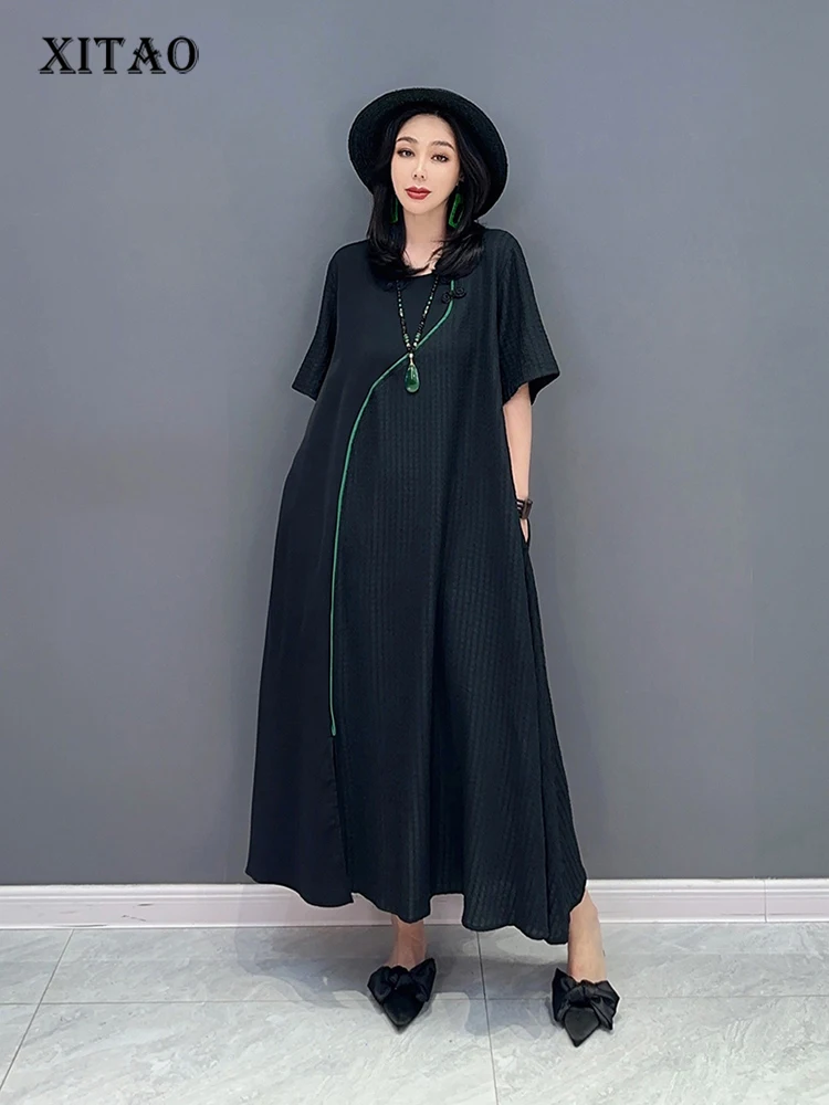 

XITAO, черное повседневное модное платье-футболка, свободное, простое, необычное, винтажное, женское, 2023, летнее, темпераментное, новое платье, WLD16356
