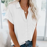 helisopus summer shirt women casual short sleeve blouses tops office ladies casual loose button lapel solid color shirts