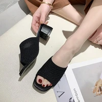 2022 summer knitting women slippers thick heel middle heel sandals stretch beige black womens shoes sexy fashion slides female