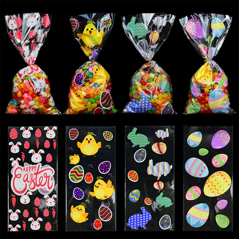 

50pcs Clear Cellophane Happy Easter Plastic Candy Bags Rabbit Chick Eggs Gift Bag Kids Favors Festival Birthday Party Decor