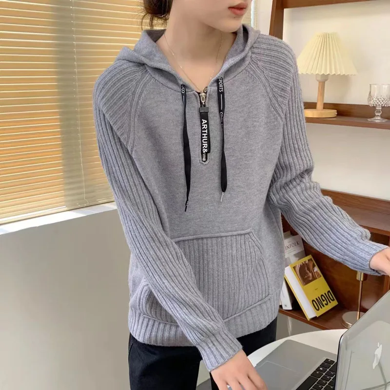 

Autumn and winter new Korean version of hooded drawstring half zipper sweater loose sweater woman