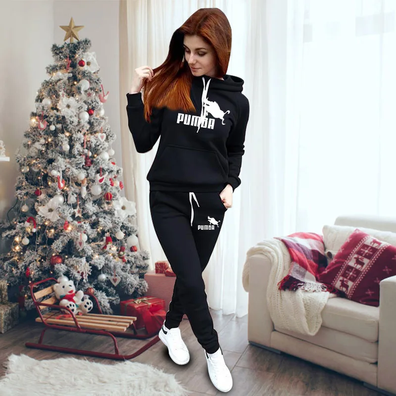 Костюм спортивный женский однотонный из пуловера с длинным рукавом и круглым