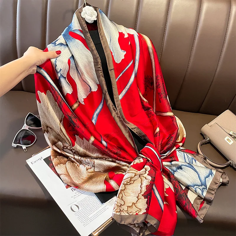 

180*90cm Luxury Brand Women Summer Silk Scarves Shawl Lady Wrap Soft Female Europe Designer Beach Bandanna foulard muffler pareo