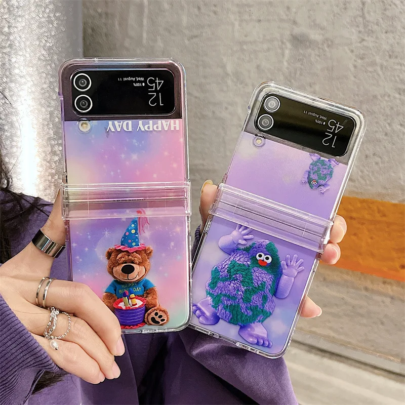 

Fashion Bear Purple Phone Case for Samsung Galaxy Z Flip 3 Z Flip 4 Hard PC Back Cover for ZFlip3 ZFlip4 Case Shell