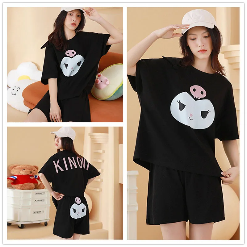 

Пижама Kawaii Sanrioed Kuromi женская летняя хлопковая с коротким рукавом шорты из двух частей мультфильм Милая домашняя одежда и уличная одежда
