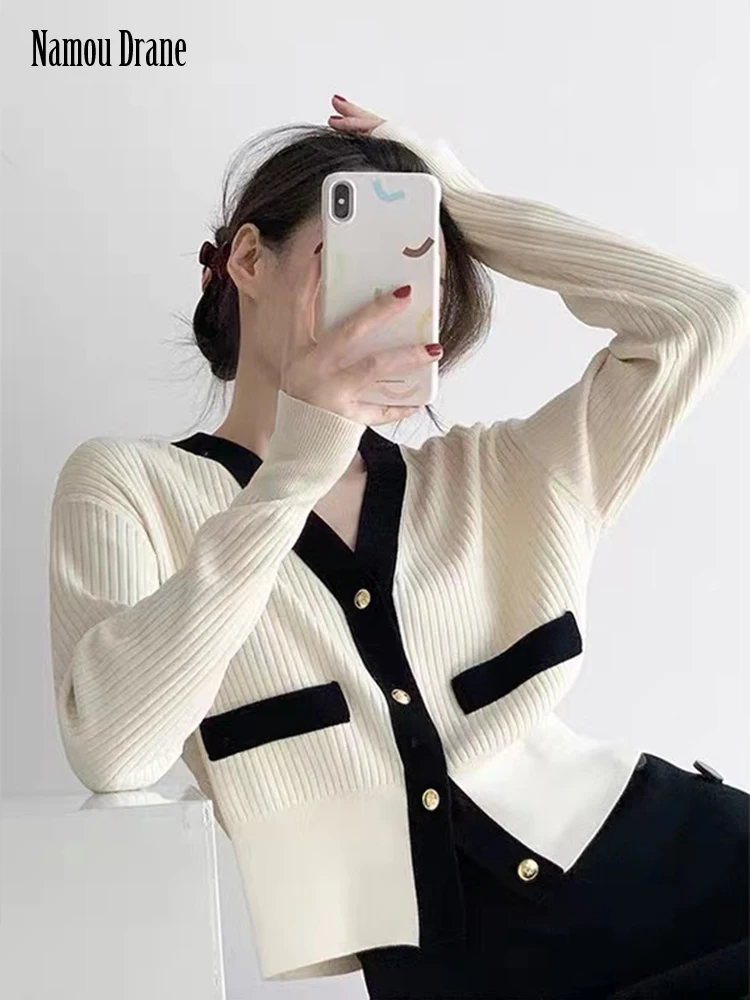 

2022 French Bump Color V-neck Knitting Cardigan Female Early Spring Tender Languid Is Lazy Easy Accept Waist Coat Sweater Coat