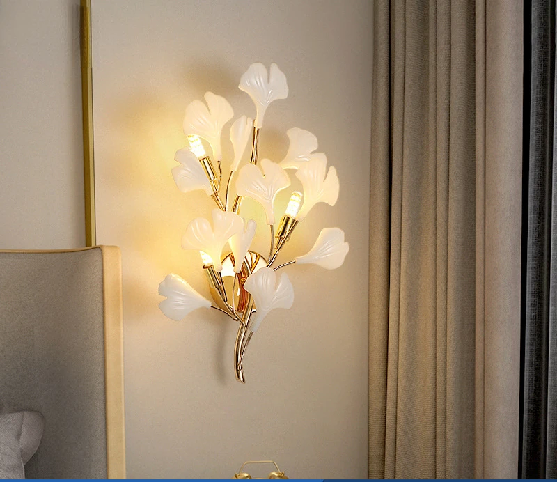 

Настенный светильник для спальни, прикроватный светильник, креативное искусство, листья Ginkgo, фон для гостиной, настенная фотолампа, роскошные светильники для коридора