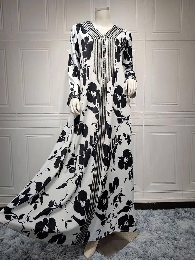 Printed Dress Moroccan Floral Kaftan Women Arabic Long Dresses Gulf Saudi Jalabiya Islam Dubai Muslim Loose Abaya White Black