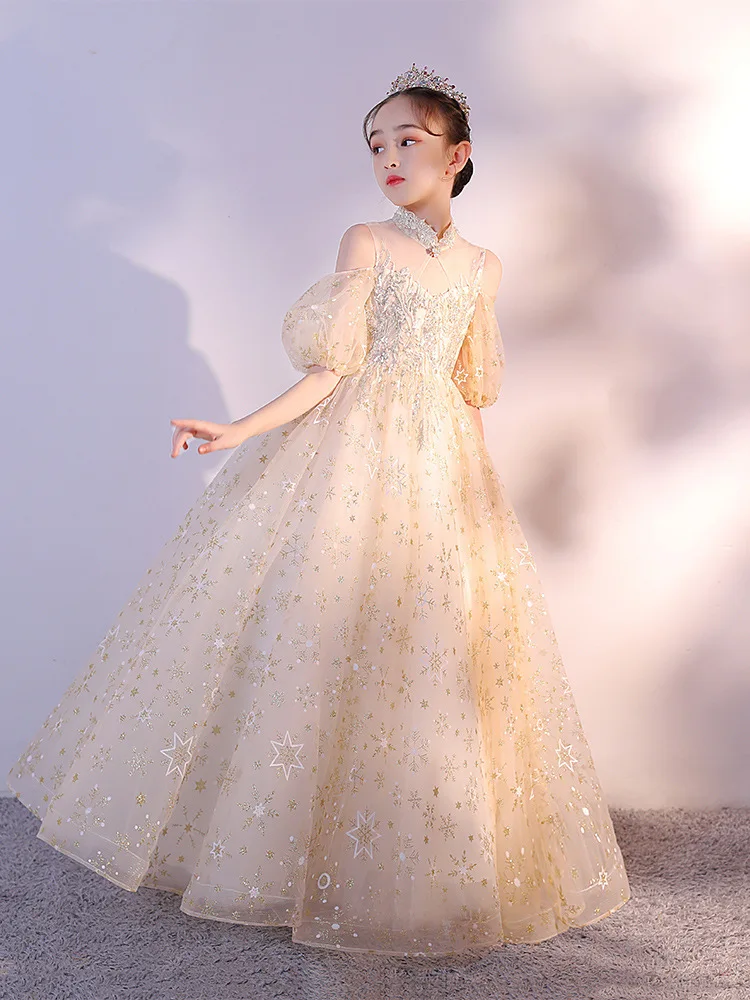 Girl Luxury Party Champagne Formal Dress Kids Embroidery Tulle Ball Gowns Child Elegant Evening Prom Clothes Stage Show Costumes enlarge