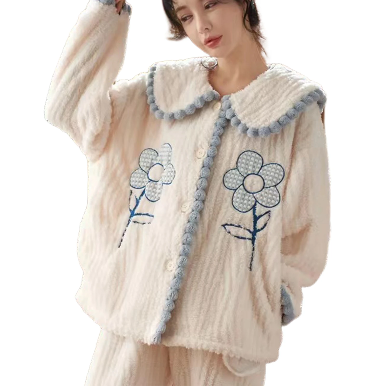 Thicken Plush Pajamas Set Long Sleeve Warming Sleepwear Autumn Winter Nightgown