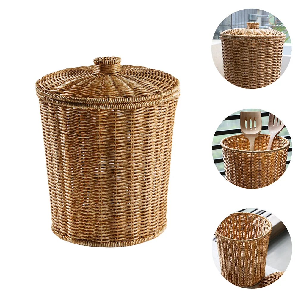 

Basket Wicker Trash Storage Canwoven Baskets Lid Laundry Rattan Waste Bingarbage Seagrass Wastebasket Bathroom Lids Round