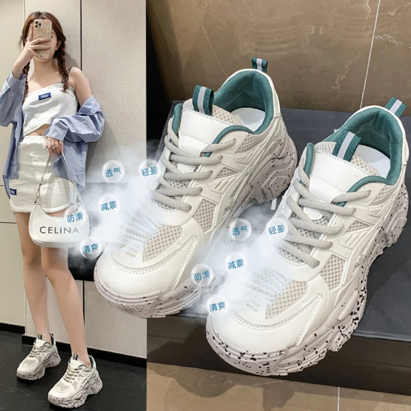 Women Clunky Sneakers Breathable Lace Up Female Walking Shoes Couple Platform Non-slip Durable Outdoor Sports Casual Footwears