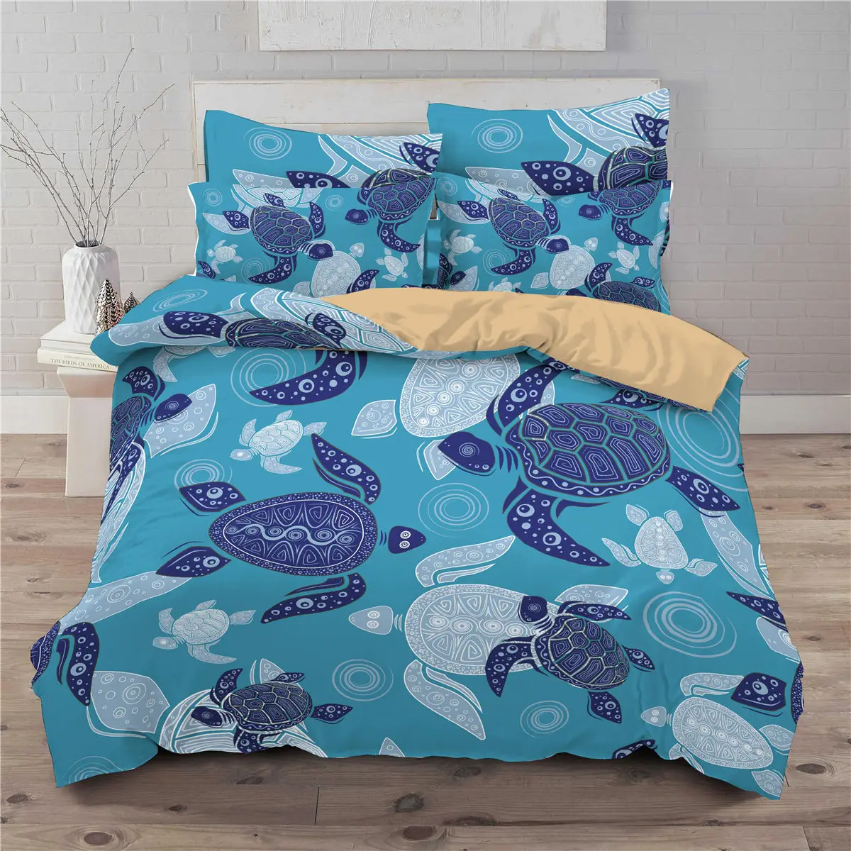 Sea Turtle Duvet Cover Queen Size Boy Beach Comforter Polyester 2/3pcs Teal Aqua Blue Abstract Tortoise Bedding Set |