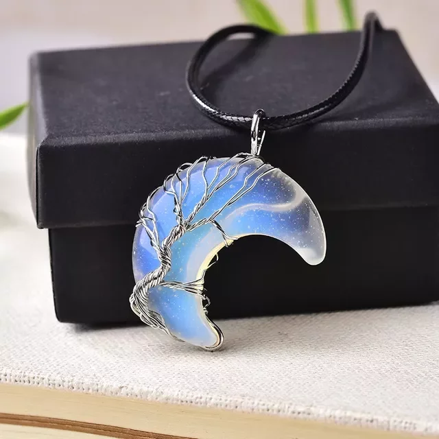 

1PC Natural Crystal Pendant Tree Of Life Moon Shape Reiki Polished Mineral Jewelry Healing Stone For Men Women Jewelry Gift