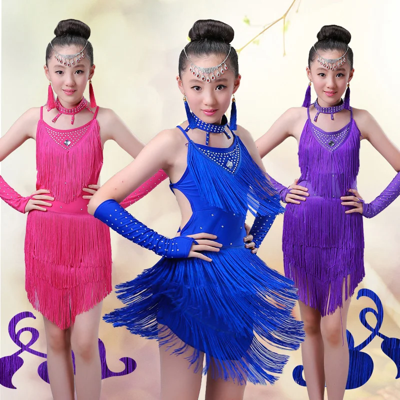 

Kids Salsa Dresses Sequin Latin Dance Dress For Girls Fringe Dancing Dancewear Stage Samba Junior Ballroom Standart Costumes