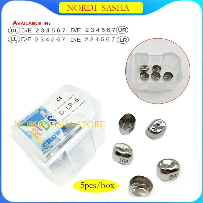 

5Pcs/Box Dental Kids Primary Molar Crown Refill Stainless Steel Pediatric Crowns Upper/Lower Right Left D2D7/E2E7 1st 2nd Molar