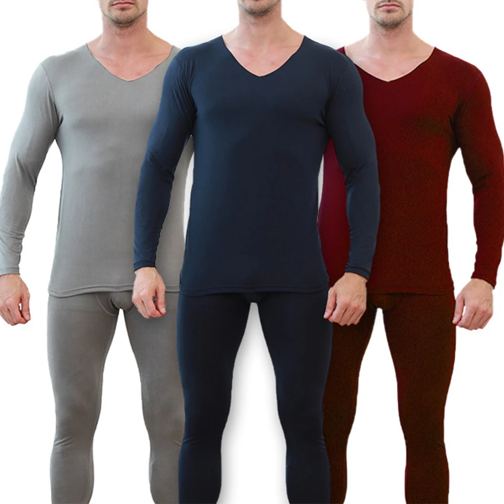 Men Seamless Underwear Winter Warm V-Neck Thermal Suit Tops Long Pants Underwear Bottoming Elasticity Pullover