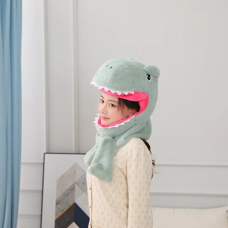 

Забавная шапка динозавра для женщин и мужчин, милая мультяшная плюшевая игрушка, шапка с шарфом, головной убор, Теплый головной убор, фото реквизит
