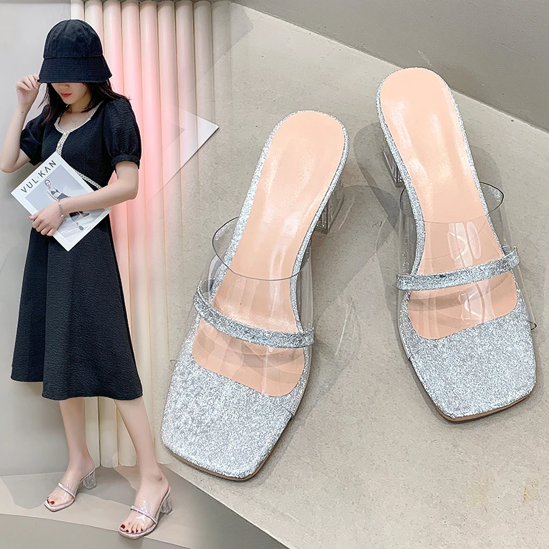 

Новинка, летние золотые сандалии, искусственные тапочки, женские сандалии, женская обувь, прозрачные высокие туфли-лодочки, Свадебная обувь...