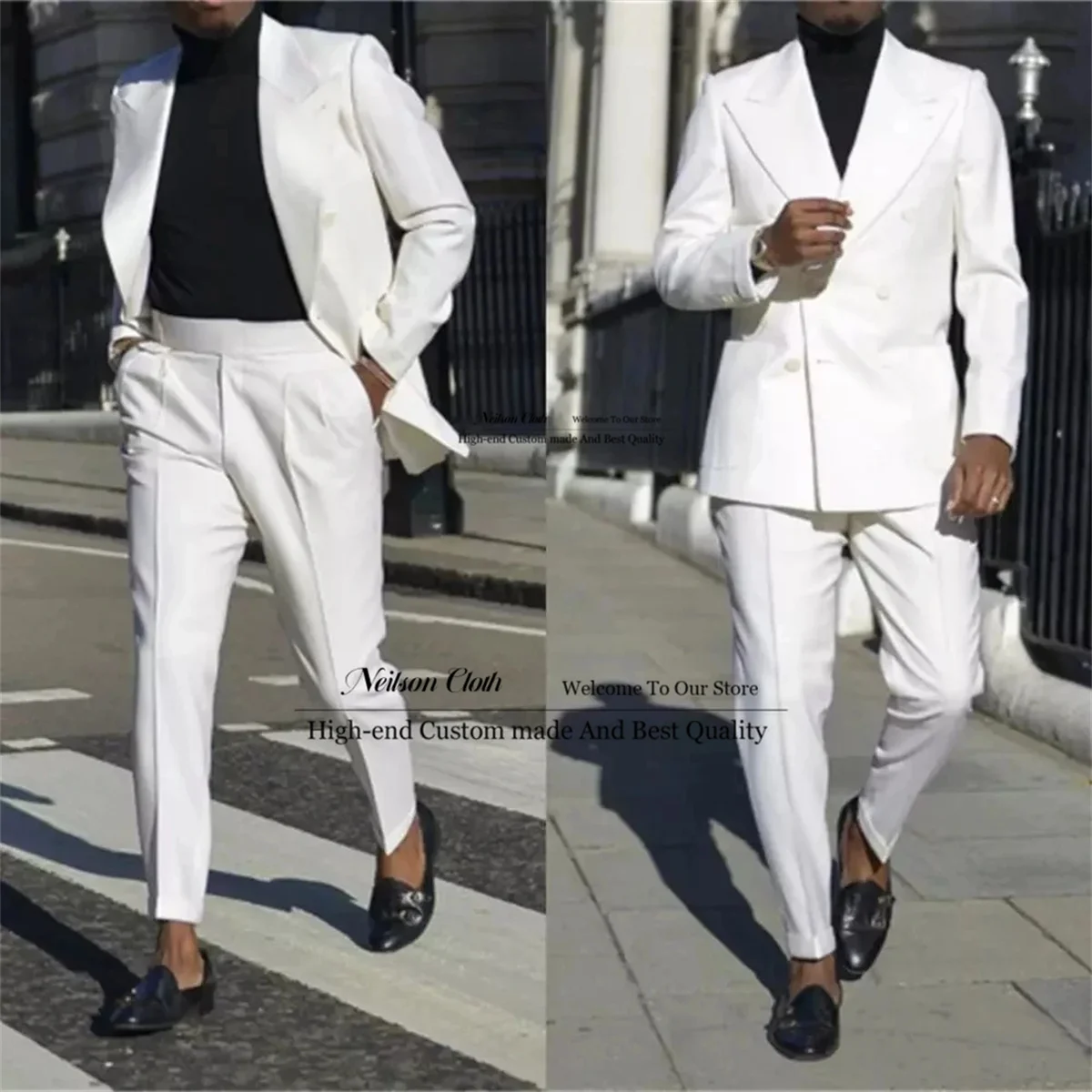 

Модные белые мужские костюмы с заостренным лацканом, двубортные искусственные мужские костюмы из двух предметов, облегающие мужские костюмы