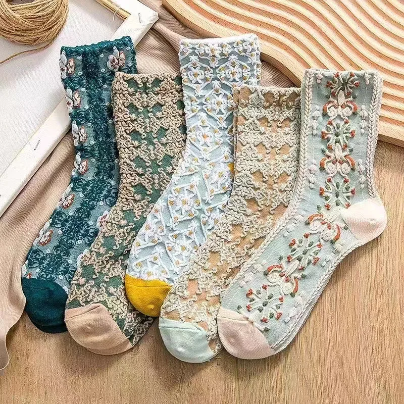 Dreamlikelin Spring Autumn Women Socks Cotton 3D Knitting Flowers Embossed Printed Japanese Fashion Lolita Middle Tube Socks