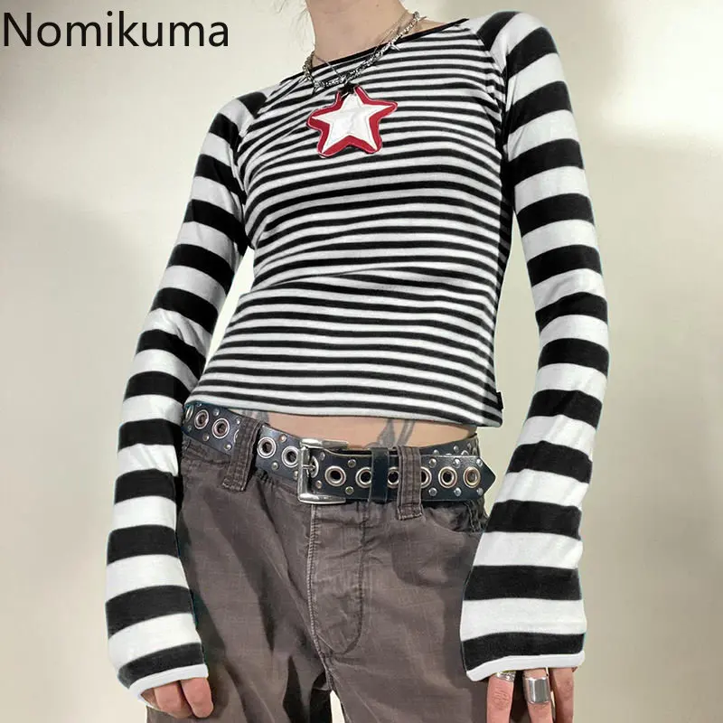 

Кроп-топ Nomikuma с вышивкой в виде звезд на весну и осень, полосатые облегающие футболки для женщин в стиле панк, уличная футболка в стиле Харадзюку для женщин