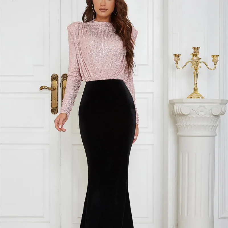 2023 Spring Fashion Sexy Long Sleeve Sequins Patchwork Velvet Dress Women  Bodycon Package Hip Party Night Club Dresses