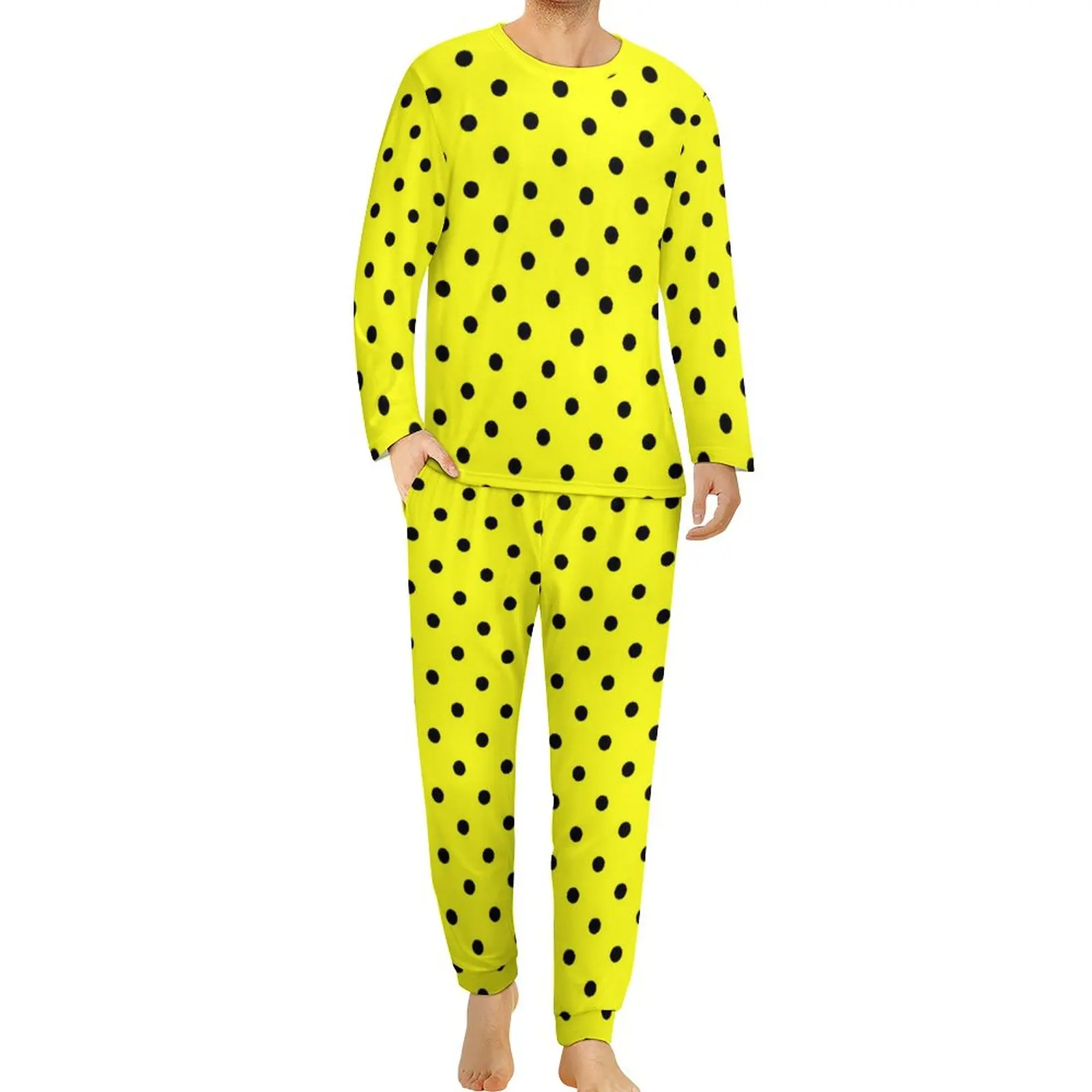 Yellow Polka Dot Pajamas Long Sleeve Black Spots Print 2 Piece Casual Pajama Sets Autumn Man Graphic Soft Oversized Sleepwear