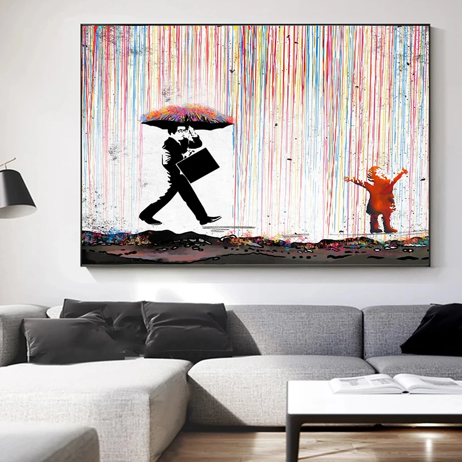 

Граффити уличное настенное искусство Бэнкси Картина на холсте Радужный дождь Плакаты для гостиной печать в скандинавском стиле домашний декор картины