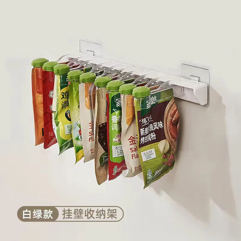 

Полка для хранения мешков для приправ, настенная подвесная полка для хранения кухонных мешков для приправ, зажим для герметизации, вращающи...