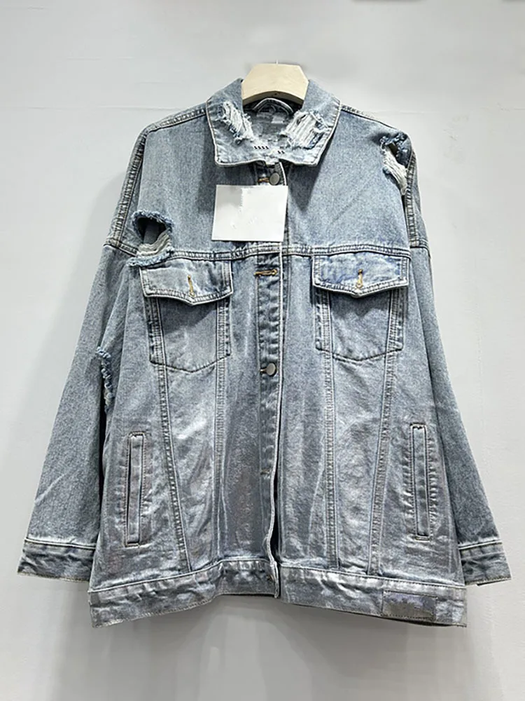 Женская джинсовая куртка DEAT однобортная Свободная с золотым и серебряным