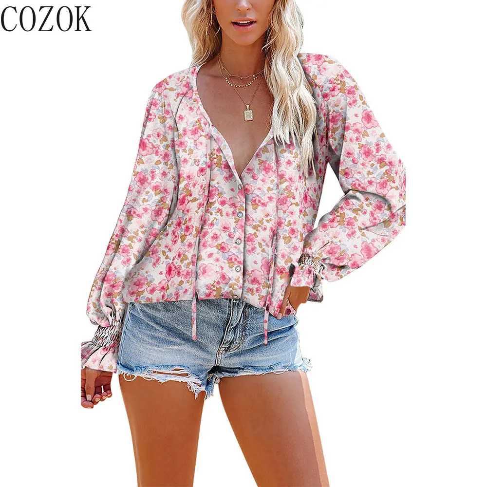 

European and American Women's Clothing Loose V-neck Pullover Casual Top Long Sleeve Floral Print Ruffle Sleeve Chiffon Blouse