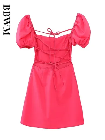 2023 Women Solid Fashion Linen Blend Dress Square Collar Vintage Short Sleeve Backless Summer Chic Female Mini Dresses