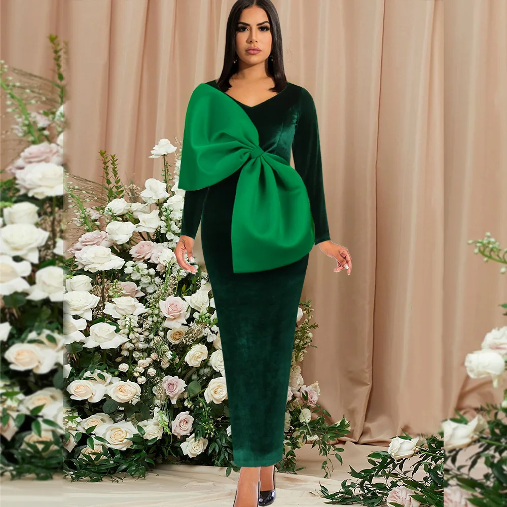 

Party Dresses Women Evening Elegant Sexy V Neck Velvet Big Bowtie Long Sleeve Maxi Dress Birthday Christmas Green Bodycon Dress