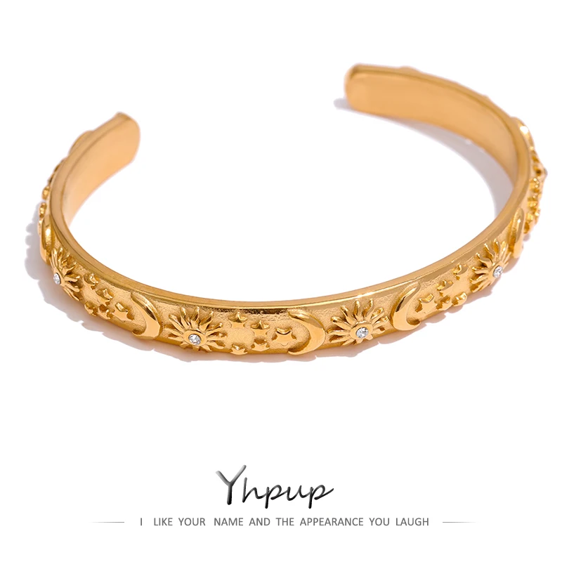 

Yhpup Golden Stainless Steel Moon Star Sun Bangle Bracelet 2022 Stylish Metal Open Wrist браслеты на руку женкие Party Gift