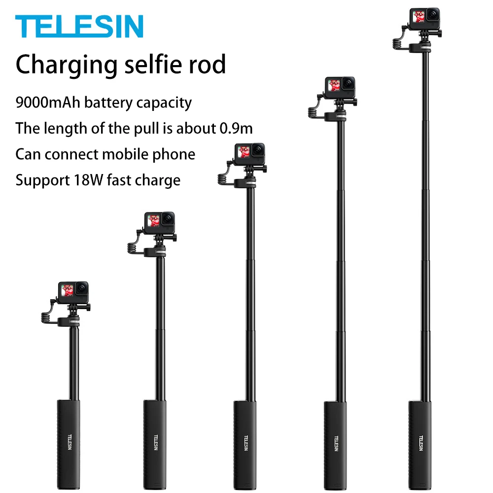 TELESIN Rechargeable Selfie Stick for GoPro11/10/9/8/DJI Action3 Action Camera Mobile Phone