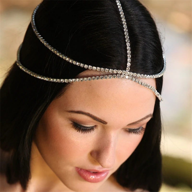 

Boho Bridal Wedding Sparkling Rhinestone Head Chain Ladies Elegant Bling Crystal Forehead Chain Exquisite Jewelry Accessories