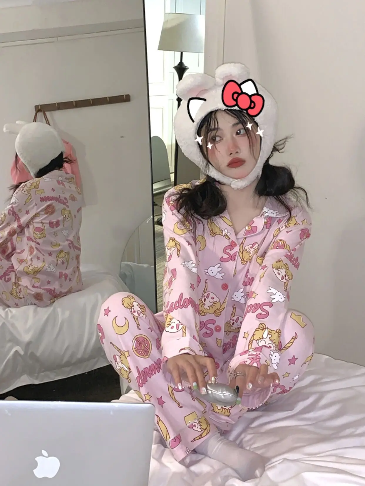 

Pink Cartoon Print Spring Pajamas Set Women Single Breasted Blouse + Trousers Two Piece Home Suit Thin Sleepwear Homewear