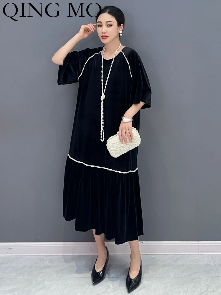 

QING MO 2023 Autumn New Casual Light Mature Style Solid Color Black Dress Fashion Personalized Versatile Women's Wear ZY195A