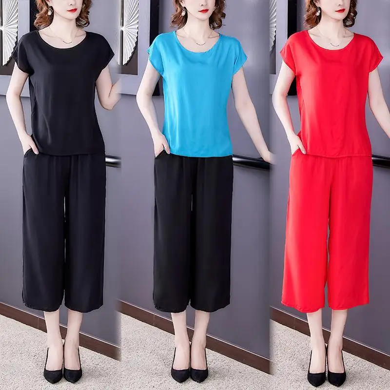 Women 2022 Summer Casual Set New Female Solid Color Soft Cotton Loose Clothes Sets Tops Pants Office Lady Work 2 Piece Suits I01