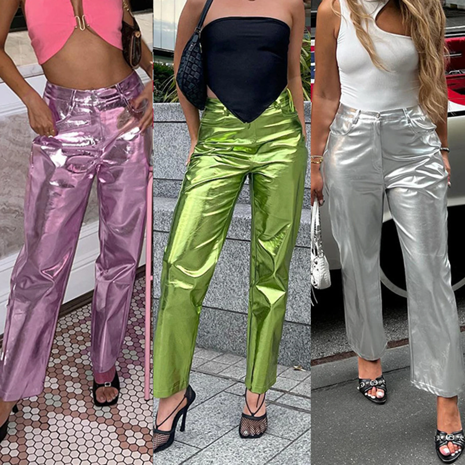 

Metallic Pants Ladies PU Leather High Waisted Trousers Zipper Summer Sweatpants Loose Fit Solid Color Spicy Girl Y2K Daily Suit