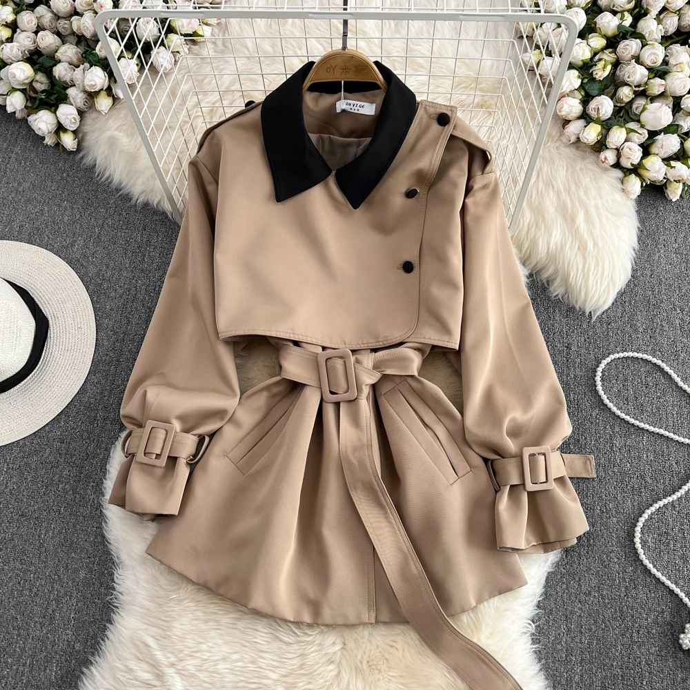 

Высококачественное темпераментное приталенное платье цвета хаки Женская ветровка средней длины с поясом и юбкой