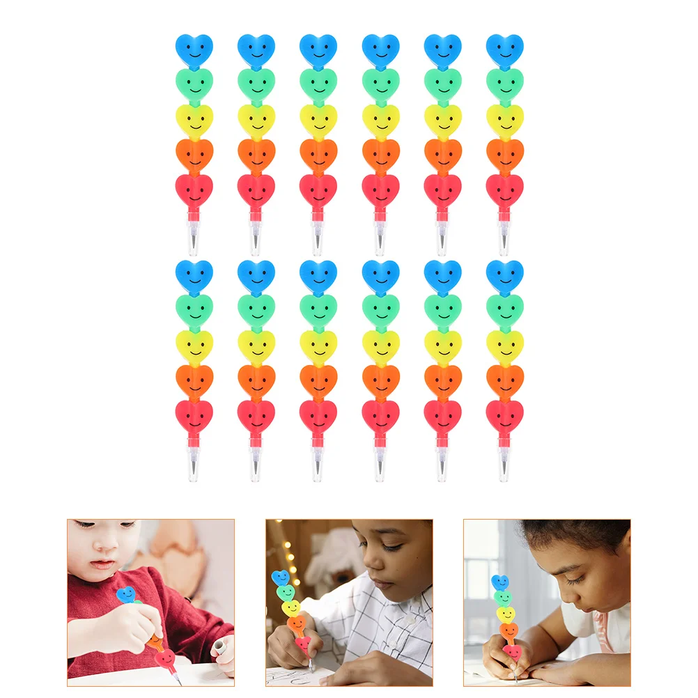 

12 Pcs Stackable Pencils Toddler Non Sharpening Classroom Prizes Kids Stationery Heart-shaped Plastic Party Favors Stacking