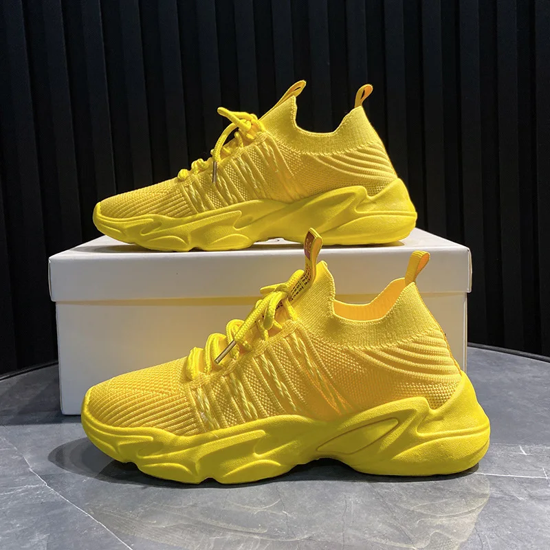 

Women Platform Sneakers Breathable Mesh Lace Up Casual Female Shoes White Yellow Korean Fashion Summer 2022