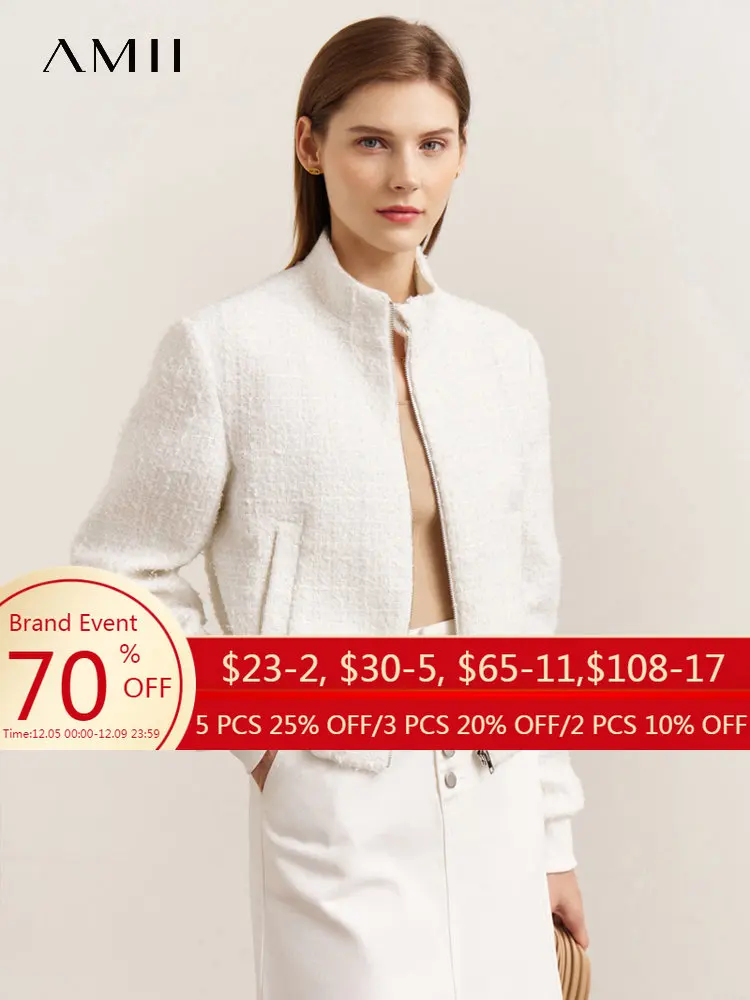 Женская минималистская куртка AMII, модная универсальная твидовая куртка на молнии с воротником-стойкой и широкими плечами, модель 2022 на осен...